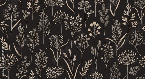 Detailed seamless floral pattern showing various dried wild grass and botanical sprigs in a monochrome beige on a dark background print.
