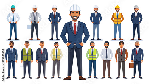 Vector illustration of diverse businessmen in suits with briefcases, confident leader, corporate teamwork, professional attire, and leadership concept