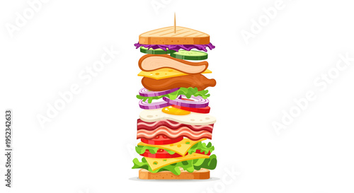 Gigantic Tall Sandwich With Many Layers Of Ingredients.