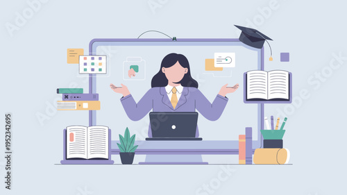 A cartoon woman in a purple blazer and yellow tie sits at a desk with a laptop surrounded by books and educational symbols.