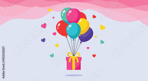 Festive birthday illustration featuring a pink gift box being carried by a bunch of colorful balloons and surrounded by small hearts.