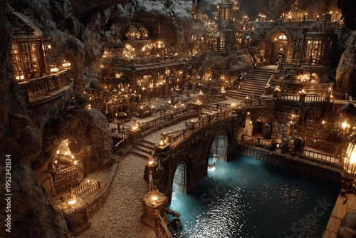 Elaborate underground city illuminated by warm lights, featuring bridges, canals, and intricate architecture carved into rock