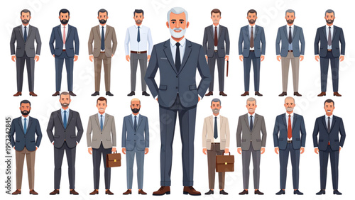 Vector illustration of diverse businessmen in suits with briefcases, confident leader, corporate teamwork, professional attire, and leadership concept