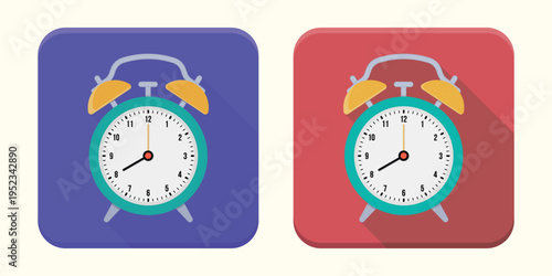 Colorful alarm clock app Icons. Purple and Red retro alarm clock app icons