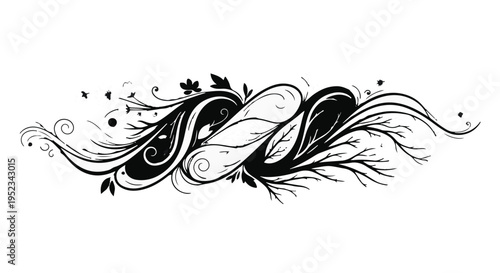 Black and white abstract organic swirl design balances opposing dark and light forces.