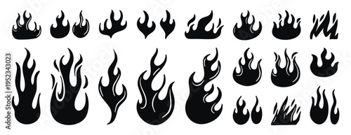 set of flame and fire. Colored hand drawn doodle elements. Flame silhouette, flames, different shapes, cartoon style, simple shapes, ornate, graceful lines, a set of isolated elements.