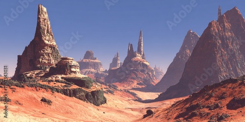 Eroded rock formations dominate a desert landscape, under a clear blue sky. Red-toned earth stretches into the distance