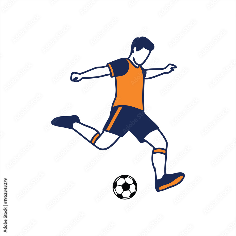 Obraz premium Soccer Player Cartoon Vector – Dynamic Kicking Ball Pose Orange Blue Uniform Sports Art