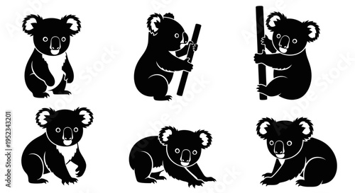 Set of Black and White Koala Icons: Cute Australian Animals in Various Poses