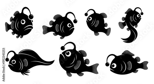 Set of Black Anglerfish Silhouettes, Deep Sea Creatures, Vector Illustrations