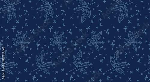 Seamless pattern of delicate white leaf drawings and small star shapes on a dark navy blue background for sophisticated fabric materials.