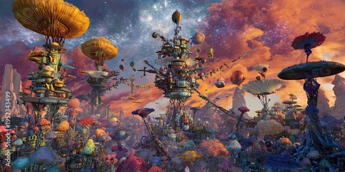 Fantastical landscape with mushroom-like structures and colourful plant life under a vibrant, otherworldly sky