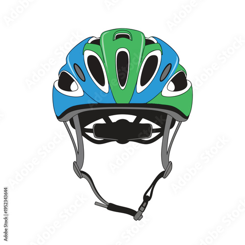 Blue and green vented helmet with adjustable straps and buckle