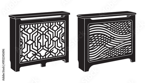 Decorative radiator covers with geometric and wave patterns vector illustration on transparent background