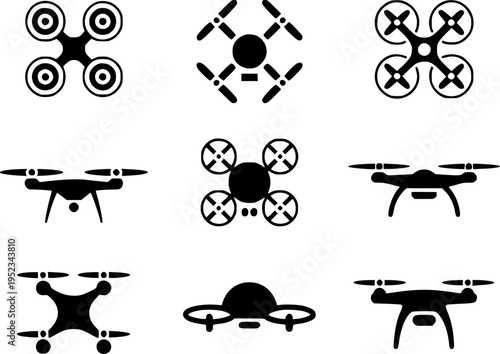 Collection of Black Quadcopter Drone White Background aerial vehicle