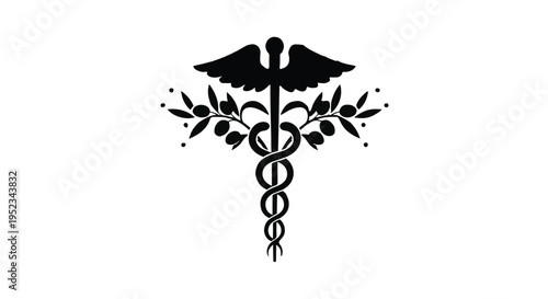 Caduceus symbol with olive branches signifies medical profession and peace.