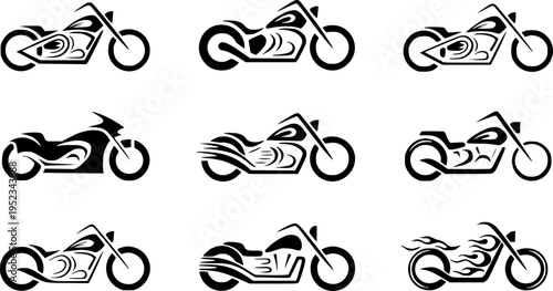Collection of Stylized Black Motorcycle White Background bike chopper