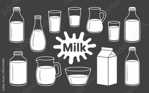 Collection of white milk bottles glasses jugs cartons and splash dark background