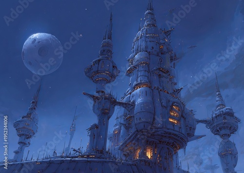 Futuristic cityscape at dusk with towering, intricate structures under a moonlit sky, glowing lights