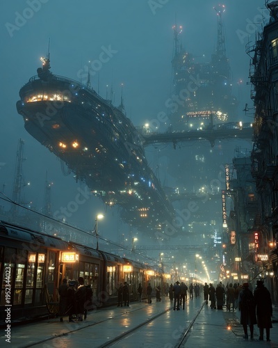 Futuristic cityscape, elevated transit and massive airship, amidst a misty, urban environment, bustling with people