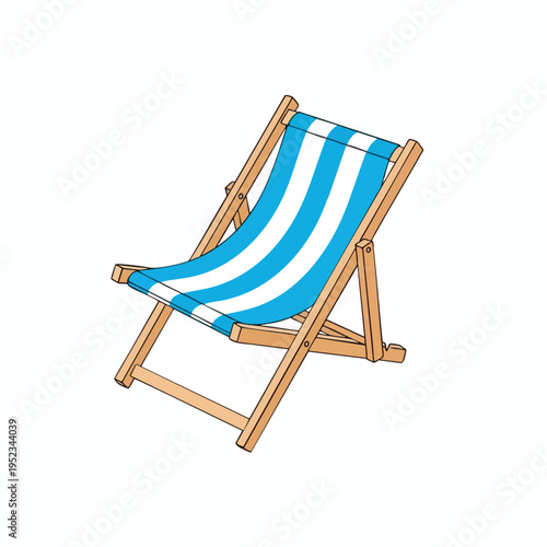 A simple deck chair with a blue and white striped fabric on a wooden frame