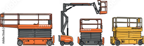Scissor lift and boom lift construction equipment set, industrial aerial work platforms isolated vector illustration for maintenance, warehouse operation, engineering and building service concept