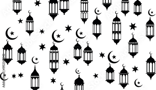 Seamless Islamic lantern and crescent moon star pattern background, decorative Ramadan Kareem festive vector illustration with hanging Arabic lamps, night sky spiritual Eid Mubarak design