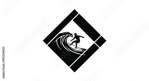Surfer silhouette rides a large ocean wave inside a dynamic diamond-shaped frame.