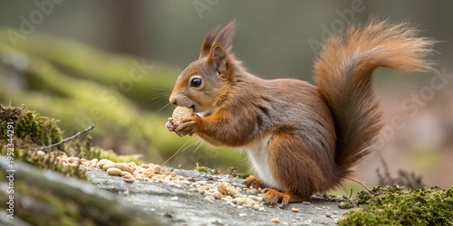 Fototapeta Red squirrel eats nut on mossy rock