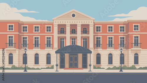 A large, red and beige building with a black awning and street lamps on a sunny day.