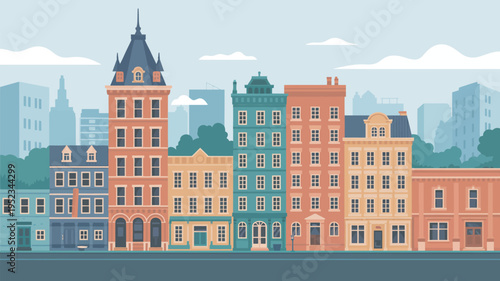 A colorful illustration of a vibrant city street with a row of buildings and a modern skyline in the background.