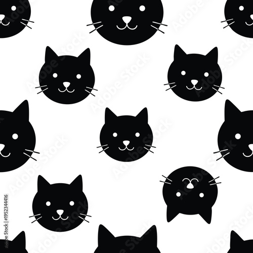 A repeating pattern of black cat faces with simple white features on a white background