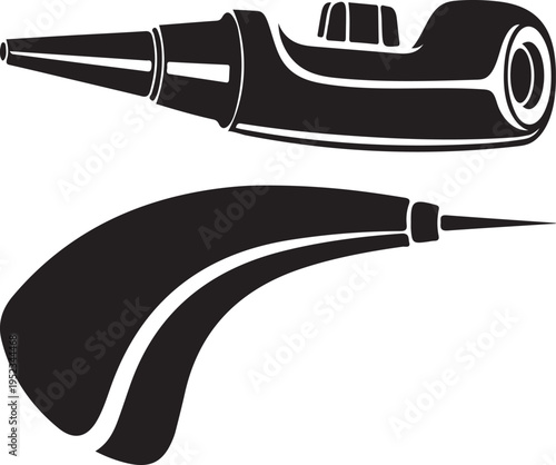 Abstract solid black fill clean vector design of two traditional smoking pipe silhouettes, a timeless graphic illustration representing leisure and vintage culture