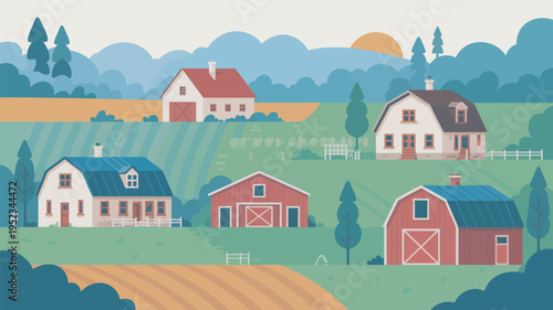 A serene countryside landscape with houses and barns surrounded by green fields and trees under a setting sun.