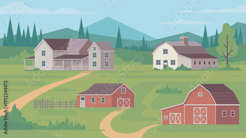 A serene rural landscape featuring a farmhouse, barns, and rolling hills under a clear blue sky.