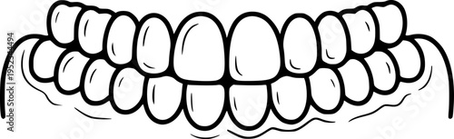 Stylized black and white of a full set of human teeth in a wide smile dental mouth