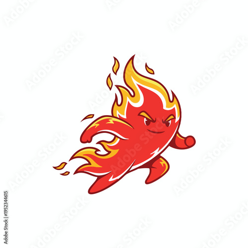 Fiery red cartoon character with flames trailing, running aggressively