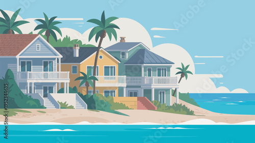 A serene beach scene featuring colorful houses and palm trees along the shoreline on a sunny day.