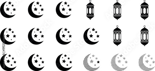 Traditional Arabic lantern and ornate tea coffee pots silhouette set in vintage black vector style isolated on light background for Ramadan decoration and cultural design