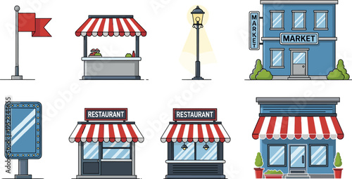 Street shop and restaurant storefront icon set with market building, awning stalls, lamp post and signage, colorful isolated vector illustration for urban business design