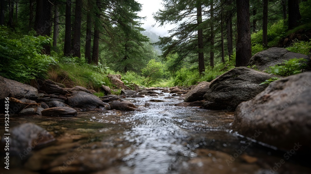 Fototapeta premium A scenic view of a clear flowing stream winding through a dense green forest with mossy rocks