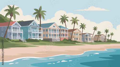 A serene beachfront neighborhood with colorful houses and palm trees under a cloudy sky