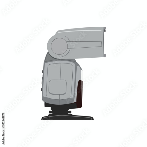 Gray camera flash unit with a black base, isolated on a white background