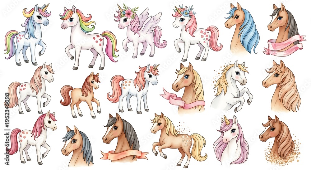 Obraz premium Set of watercolor unicorns and horses