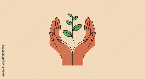 Hands protecting a small green plant seedling with leaves, symbolizing growth, care, and new beginnings on a simple background.