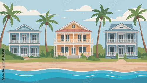 Three colorful beach houses with balconies and palm trees on a sunny day by the ocean