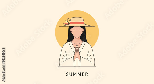 Illustration of a woman in a summer hat with hands in prayer pose, with a yellow sun and the word SUMMER.