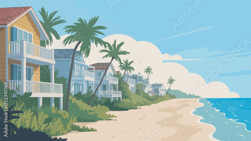 A serene beach scene with colorful houses and palm trees along the shoreline on a sunny day.