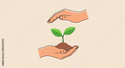 Hands nurturing a small green sprout growing from soil, symbolizing growth, care, and environmental protection
