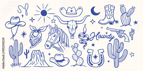 Tablou pe pânză Hand-drawn western doodle set with cowboy hats, boots, cactus, horse, skull, revolver, sheriff badge and desert elements, perfect for vintage, rustic and Wild West designs